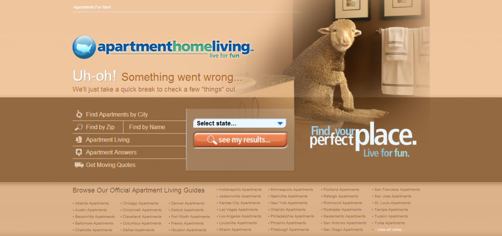 Przykład strony 404 - apartmenthomeliving.com